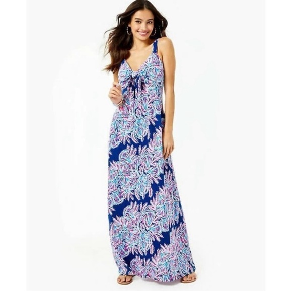 Lilly Pulitzer Maui Maxi Dress in Oyster Bay Blue Miss Shell beach Size 12 - Picture 3 of 7